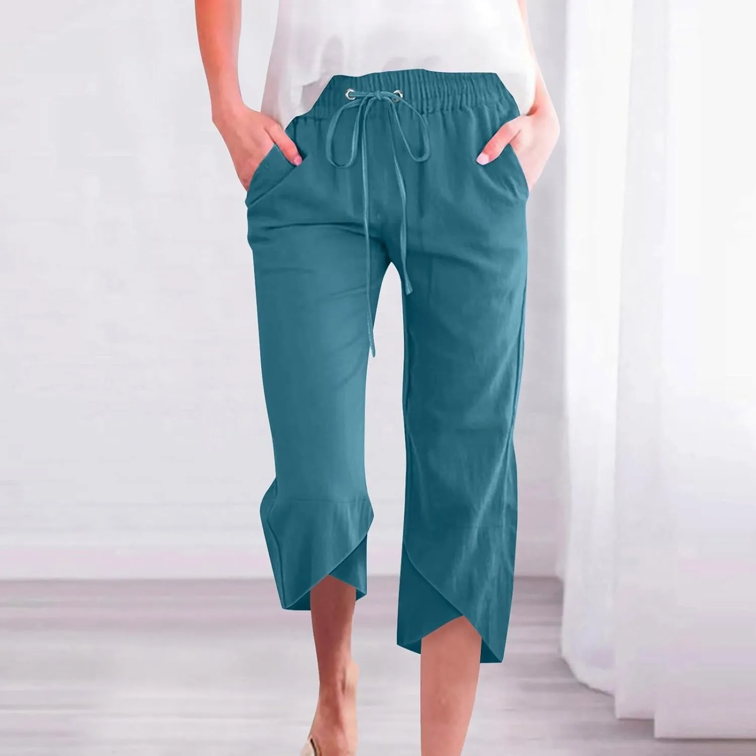 PTOLOCIF Womens Cotton Linen Pants Drawstring Elastic Waist Palazzo Pants Casual Flowy Wide Leg Trousers with Pockets