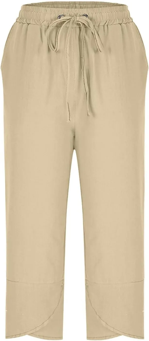 PTOLOCIF Womens Cotton Linen Pants Drawstring Elastic Waist Palazzo Pants Casual Flowy Wide Leg Trousers with Pockets