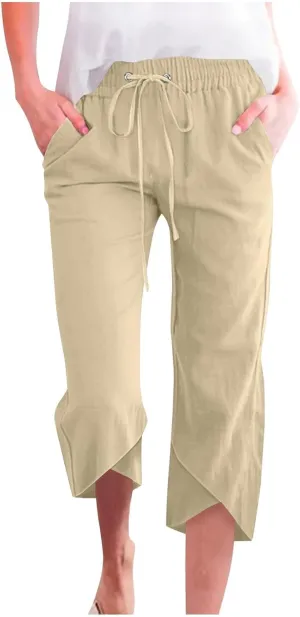 PTOLOCIF Womens Cotton Linen Pants Drawstring Elastic Waist Palazzo Pants Casual Flowy Wide Leg Trousers with Pockets