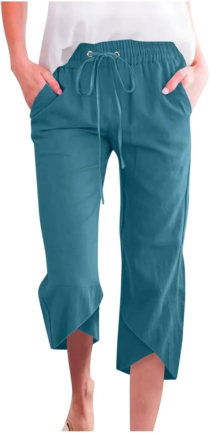 PTOLOCIF Womens Cotton Linen Pants Drawstring Elastic Waist Palazzo Pants Casual Flowy Wide Leg Trousers with Pockets