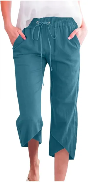 PTOLOCIF Womens Cotton Linen Pants Drawstring Elastic Waist Palazzo Pants Casual Flowy Wide Leg Trousers with Pockets