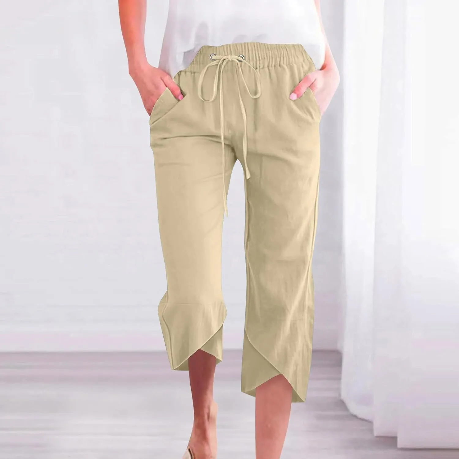 PTOLOCIF Womens Cotton Linen Pants Drawstring Elastic Waist Palazzo Pants Casual Flowy Wide Leg Trousers with Pockets