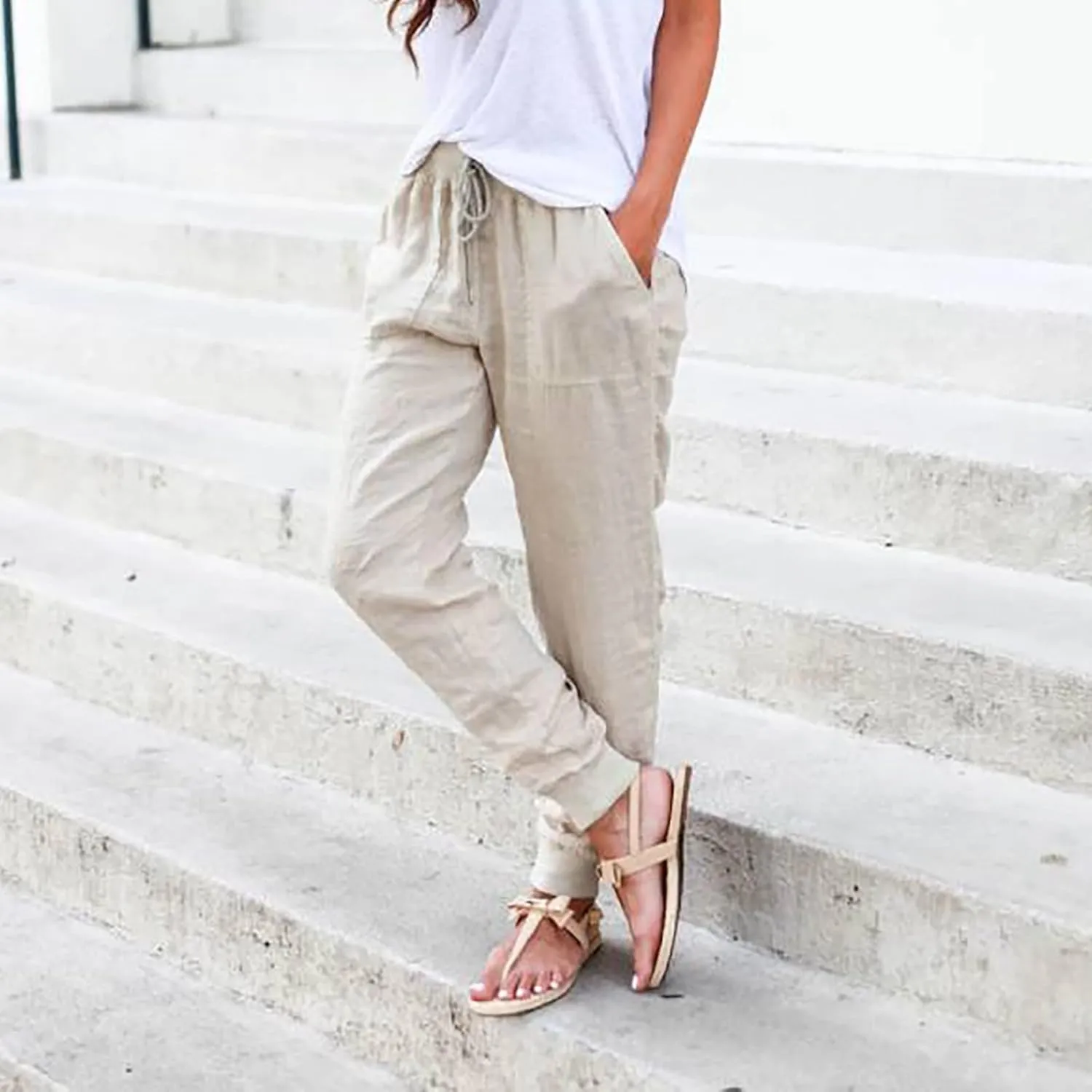 PTOLOCIF Women's Cotton Linen Pants High Waist Drawstring Pants Loose Fit Summer Flowy Boho Pant Trousers with Side Pockets