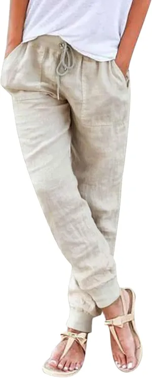 PTOLOCIF Women's Cotton Linen Pants High Waist Drawstring Pants Loose Fit Summer Flowy Boho Pant Trousers with Side Pockets