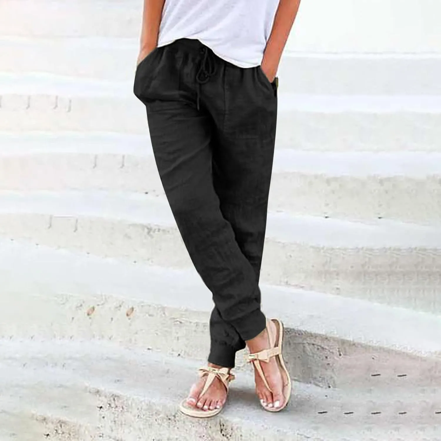 PTOLOCIF Women's Cotton Linen Pants High Waist Drawstring Pants Loose Fit Summer Flowy Boho Pant Trousers with Side Pockets