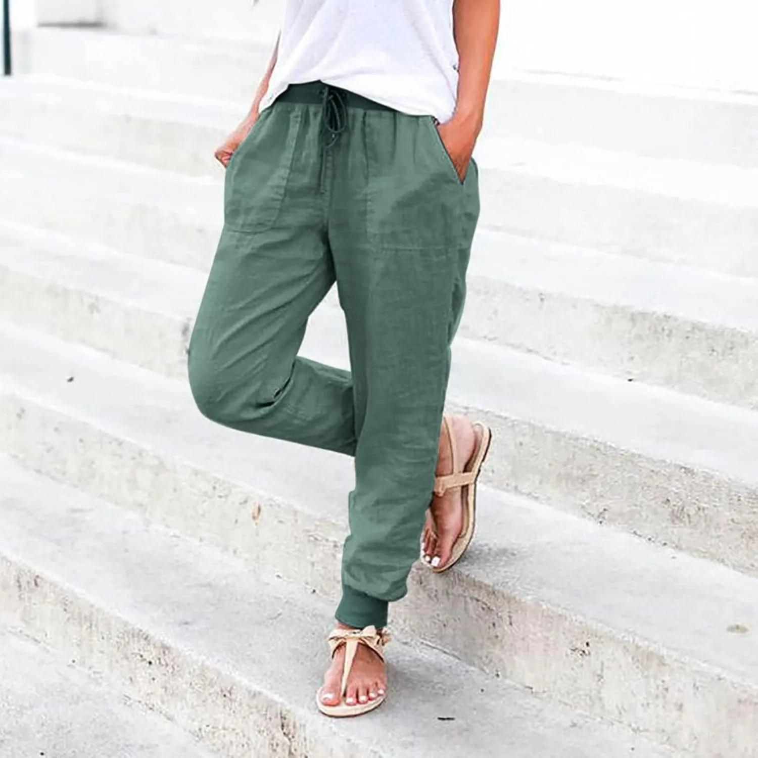 PTOLOCIF Women's Cotton Linen Pants Summer Baggy Boho Casual Palazzo Pants Wide Leg Long Lounge Trousers with Pockets