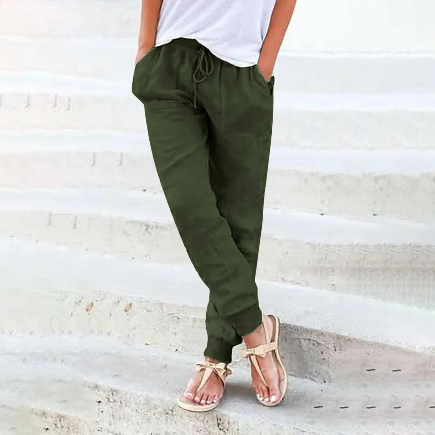 PTOLOCIF Women's Cotton Linen Pants Summer Baggy Boho Casual Palazzo Pants Wide Leg Long Lounge Trousers with Pockets