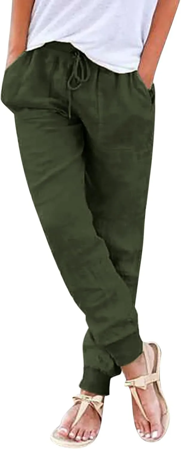 PTOLOCIF Women's Cotton Linen Pants Summer Baggy Boho Casual Palazzo Pants Wide Leg Long Lounge Trousers with Pockets