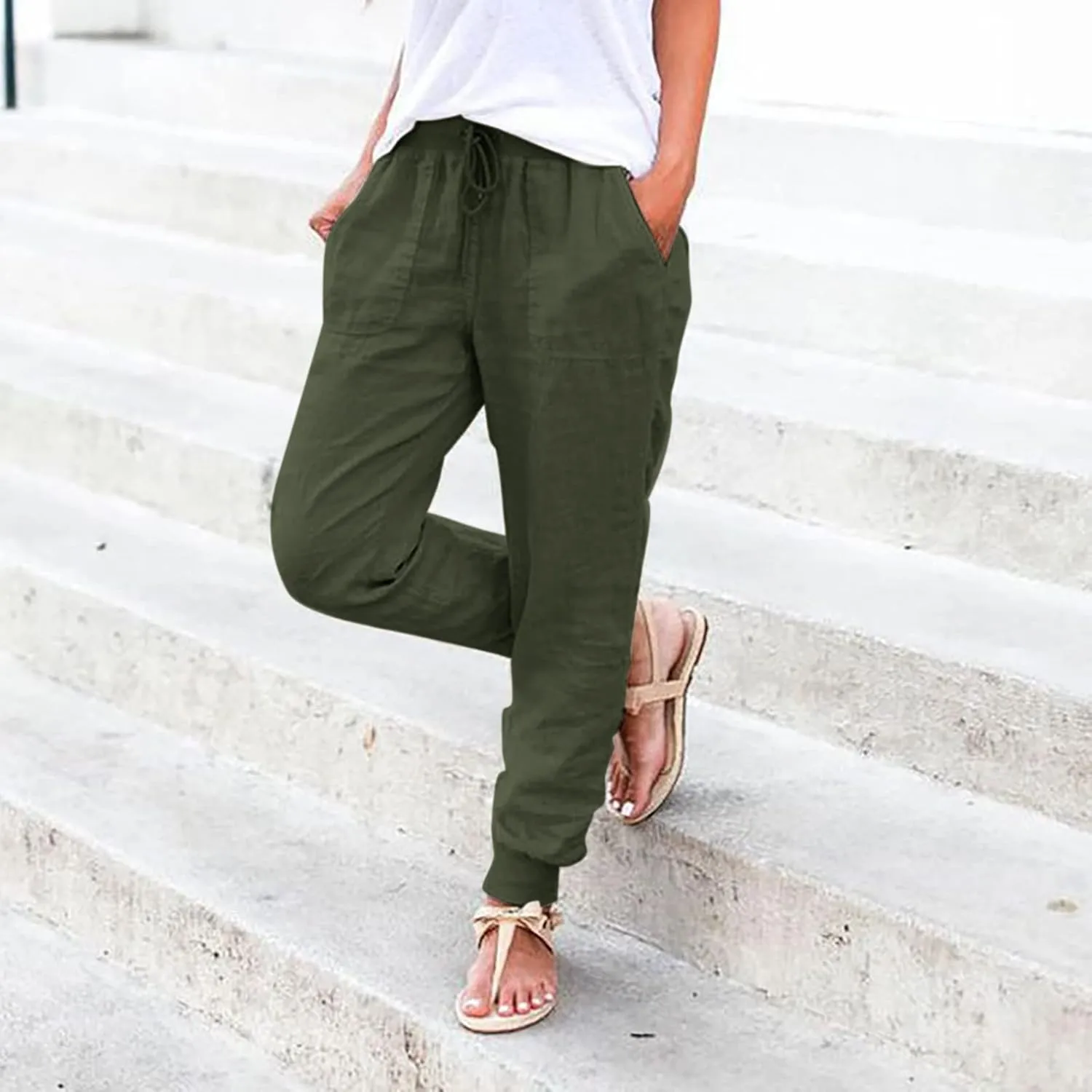 PTOLOCIF Women's Cotton Linen Pants Summer Baggy Boho Casual Palazzo Pants Wide Leg Long Lounge Trousers with Pockets