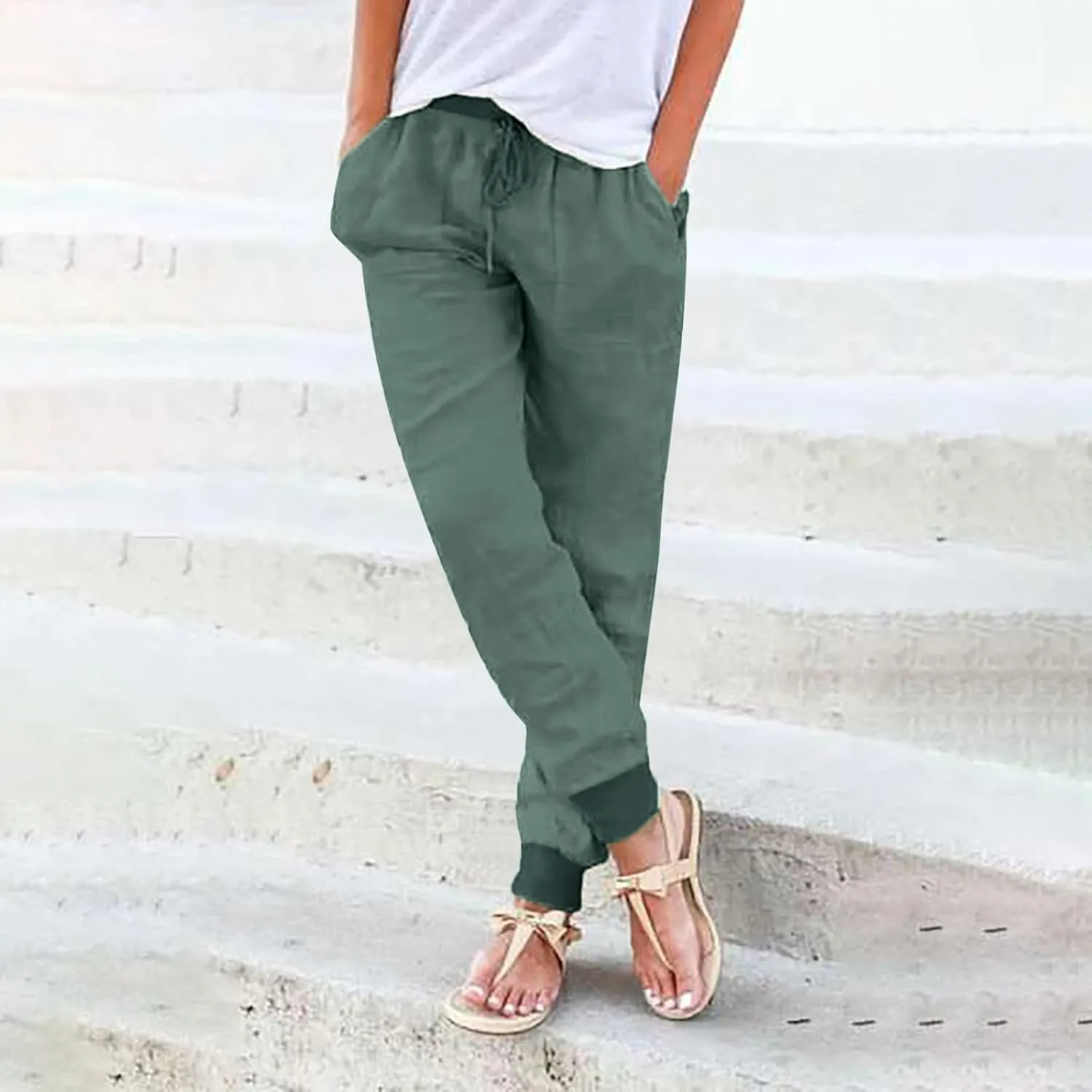PTOLOCIF Women's Cotton Linen Pants Summer Baggy Boho Casual Palazzo Pants Wide Leg Long Lounge Trousers with Pockets