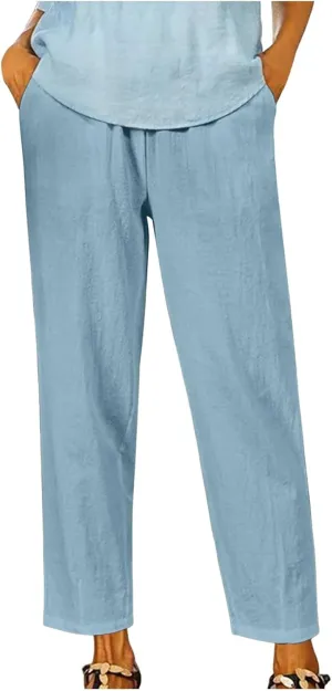 PTOLOCIF Women's Linen Blend Pants Straight Leg Dress Pants High Waist Cotton Linen Pant Flowy Wide Leg Summer Boho Trousers