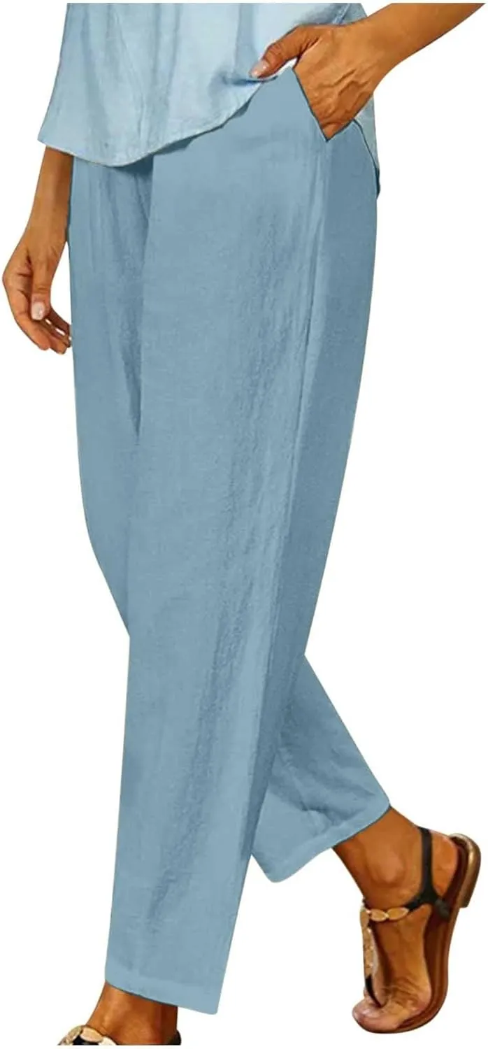 PTOLOCIF Women's Linen Blend Pants Straight Leg Dress Pants High Waist Cotton Linen Pant Flowy Wide Leg Summer Boho Trousers