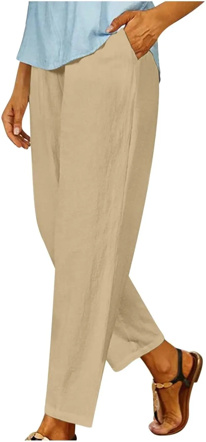 PTOLOCIF Women's Linen Blend Pants Straight Leg Dress Pants High Waist Cotton Linen Pant Flowy Wide Leg Summer Boho Trousers