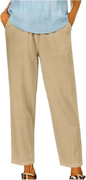 PTOLOCIF Women's Linen Blend Pants Straight Leg Dress Pants High Waist Cotton Linen Pant Flowy Wide Leg Summer Boho Trousers