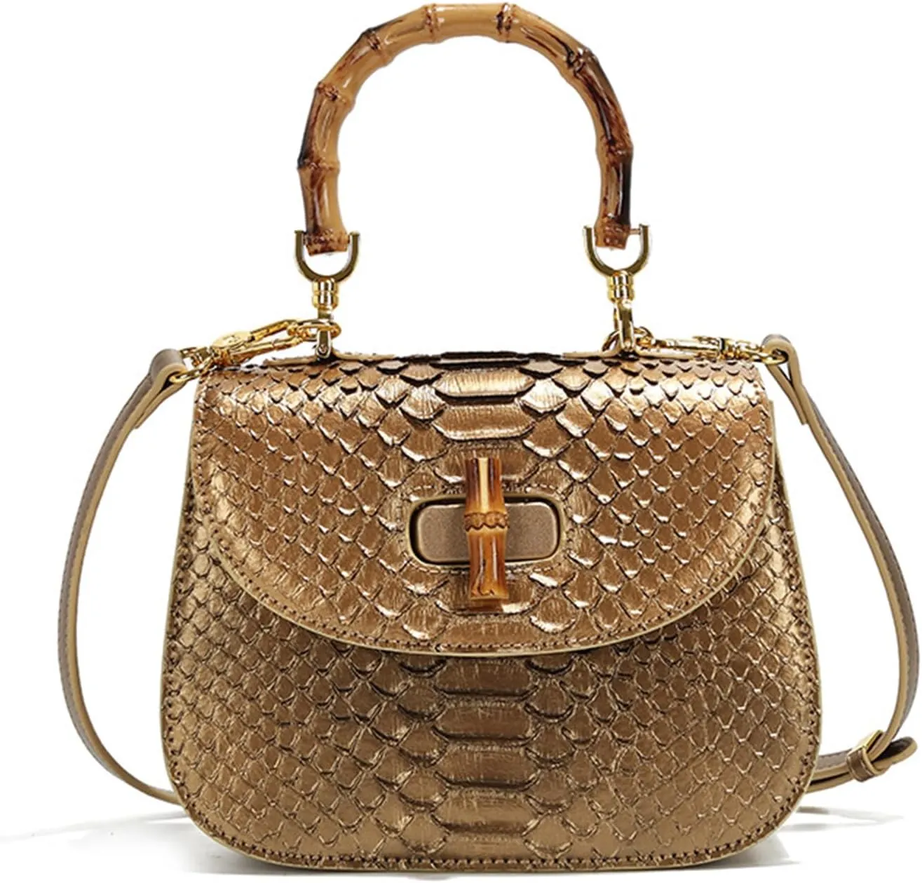 PU Leather Crocodile Pattern Saddle Bags for Women Top Handle Bamboo Design Handbags Ladies Dinner Party Shoulder Bag
