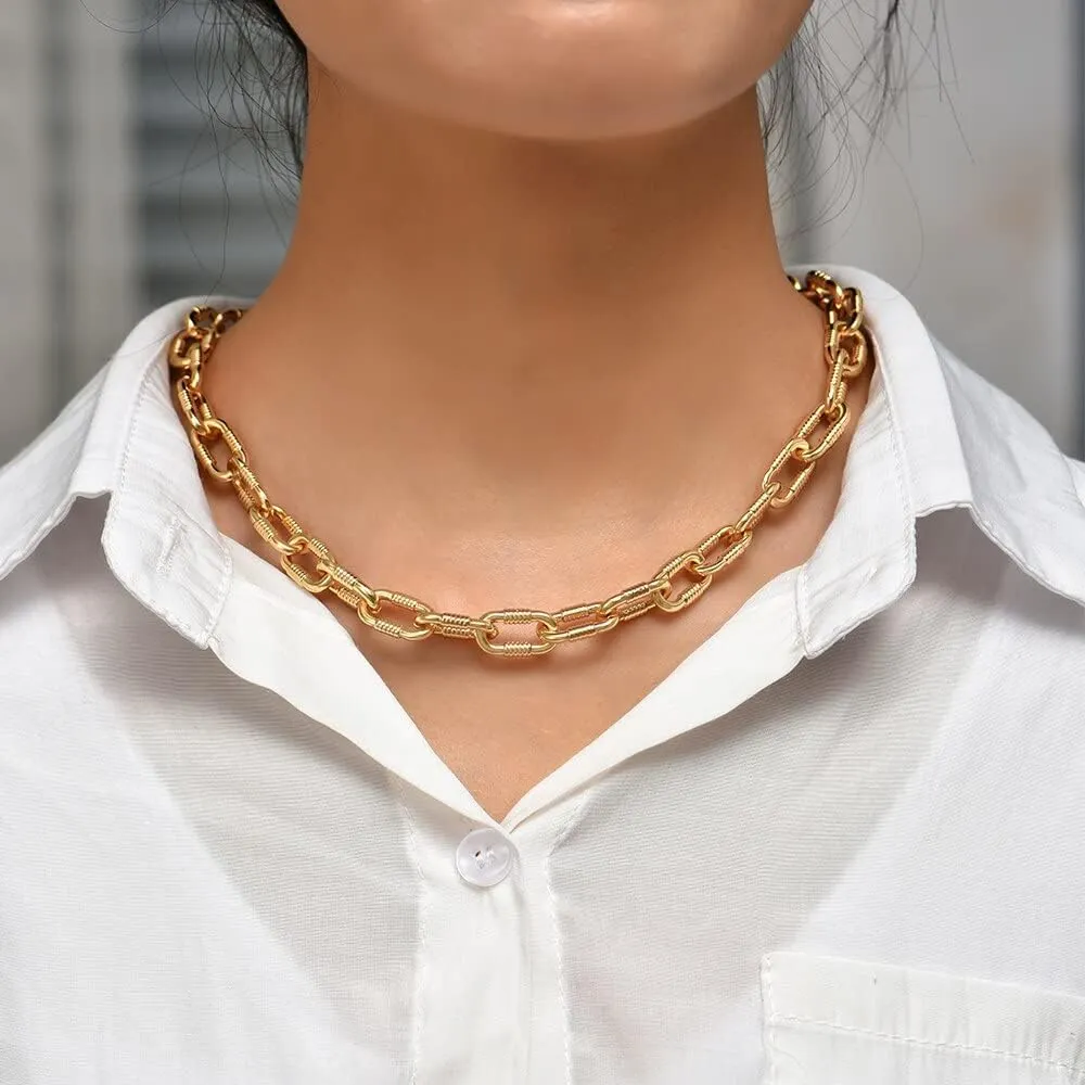 Punk Hip Hop Gold Plated Thick Lock Choker Chain Necklace for Women Geometric Twist Statement Short Clavicle Collar Jewelry