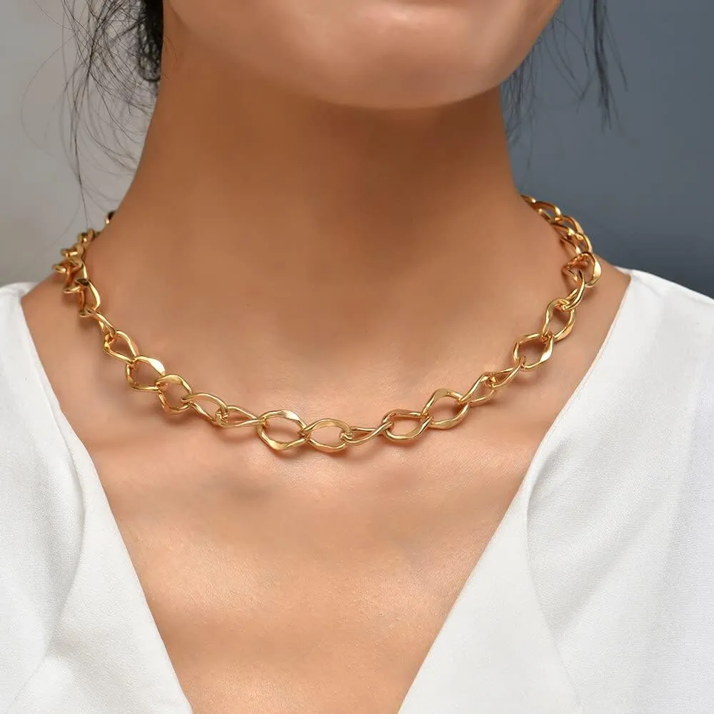 Punk Hip Hop Gold Plated Thick Lock Choker Chain Necklace for Women Geometric Twist Statement Short Clavicle Collar Jewelry