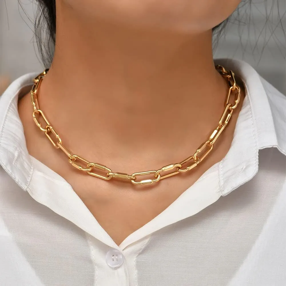 Punk Hip Hop Gold Plated Thick Lock Choker Chain Necklace for Women Geometric Twist Statement Short Clavicle Collar Jewelry