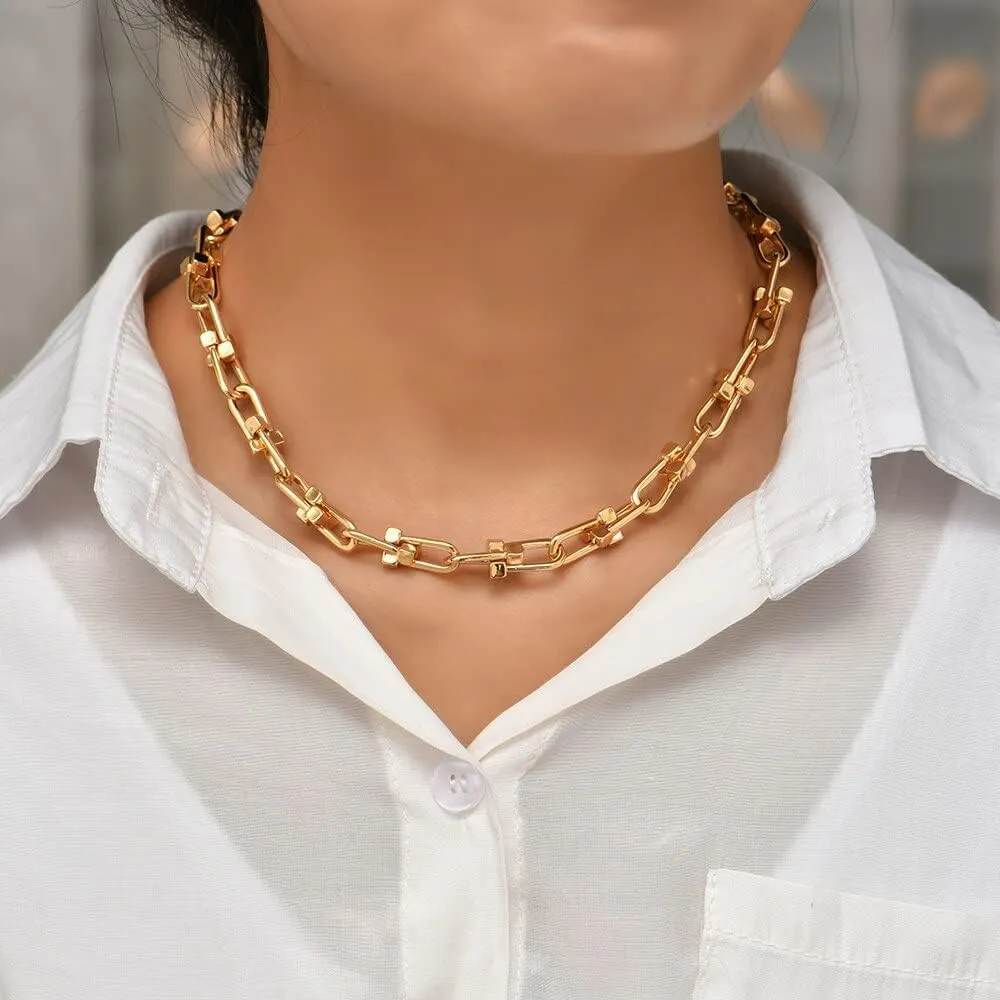 Punk Hip Hop Gold Plated Thick Lock Choker Chain Necklace for Women Geometric Twist Statement Short Clavicle Collar Jewelry
