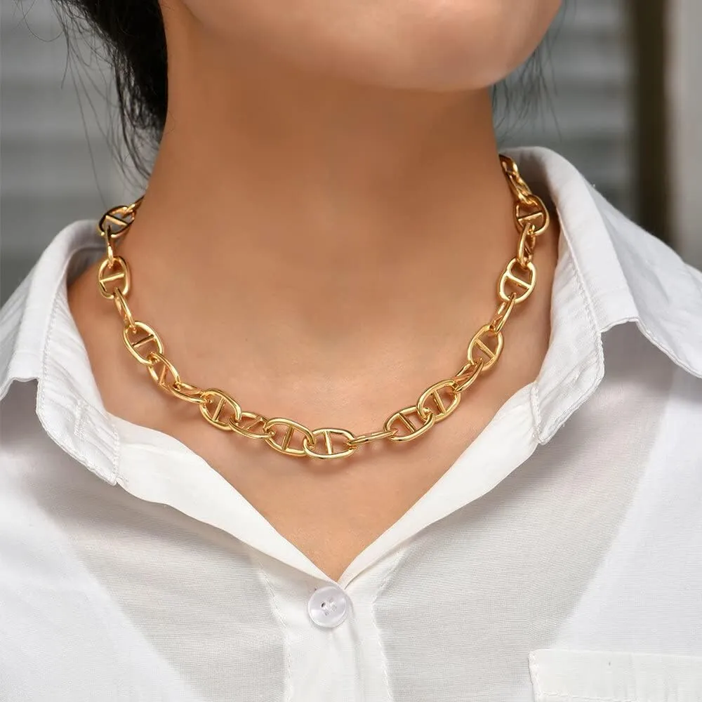 Punk Hip Hop Gold Plated Thick Lock Choker Chain Necklace for Women Geometric Twist Statement Short Clavicle Collar Jewelry