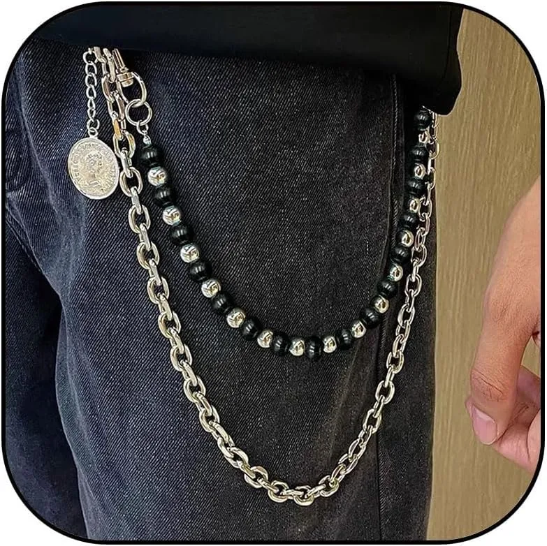 Punk Layered Pants Chain for Women Men Layered Silver Coin Beaded Wallet Chain Goth Hip Hop Jean Pocket Chains Punk Wallet Pocket Accessories for Women and Men