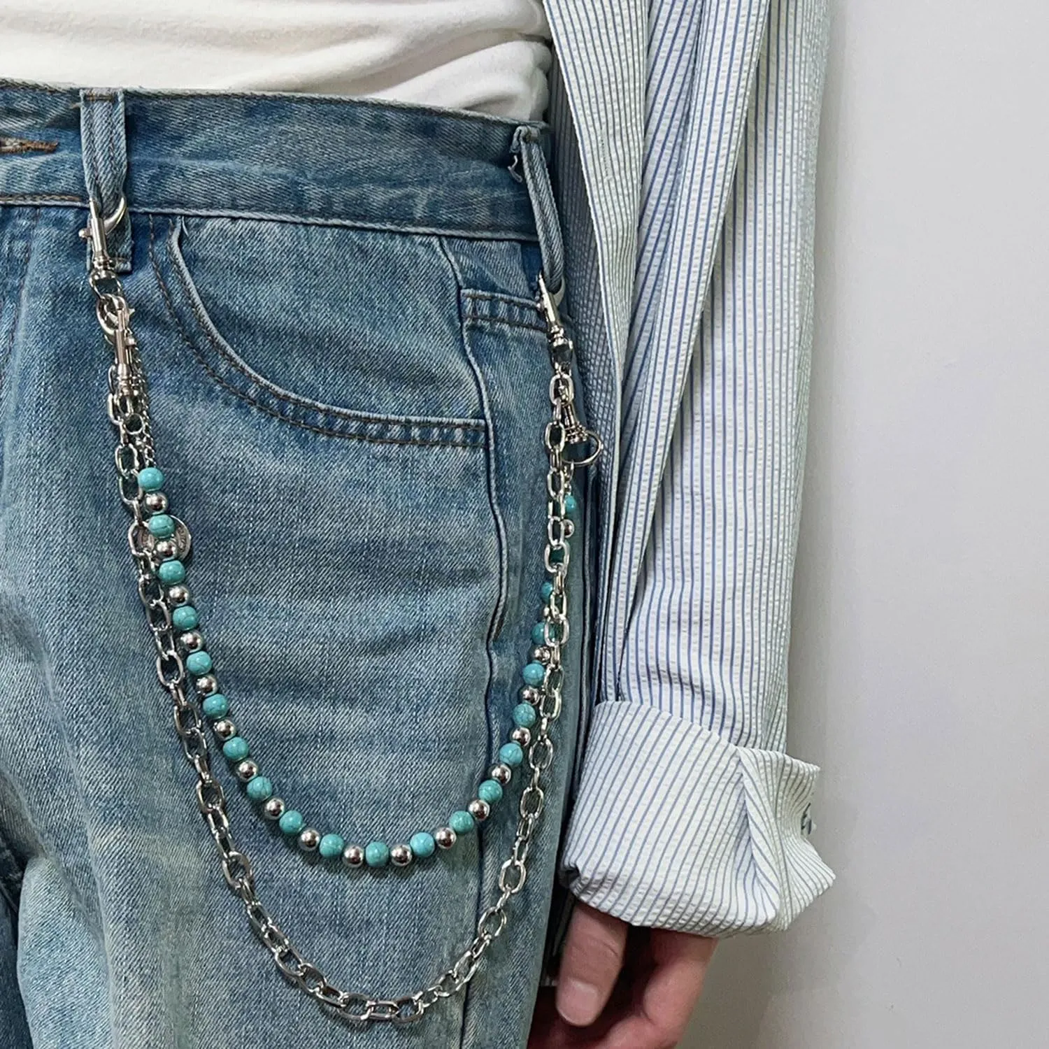 Punk Layered Pants Chain for Women Men Layered Silver Coin Beaded Wallet Chain Goth Hip Hop Jean Pocket Chains Punk Wallet Pocket Accessories for Women and Men