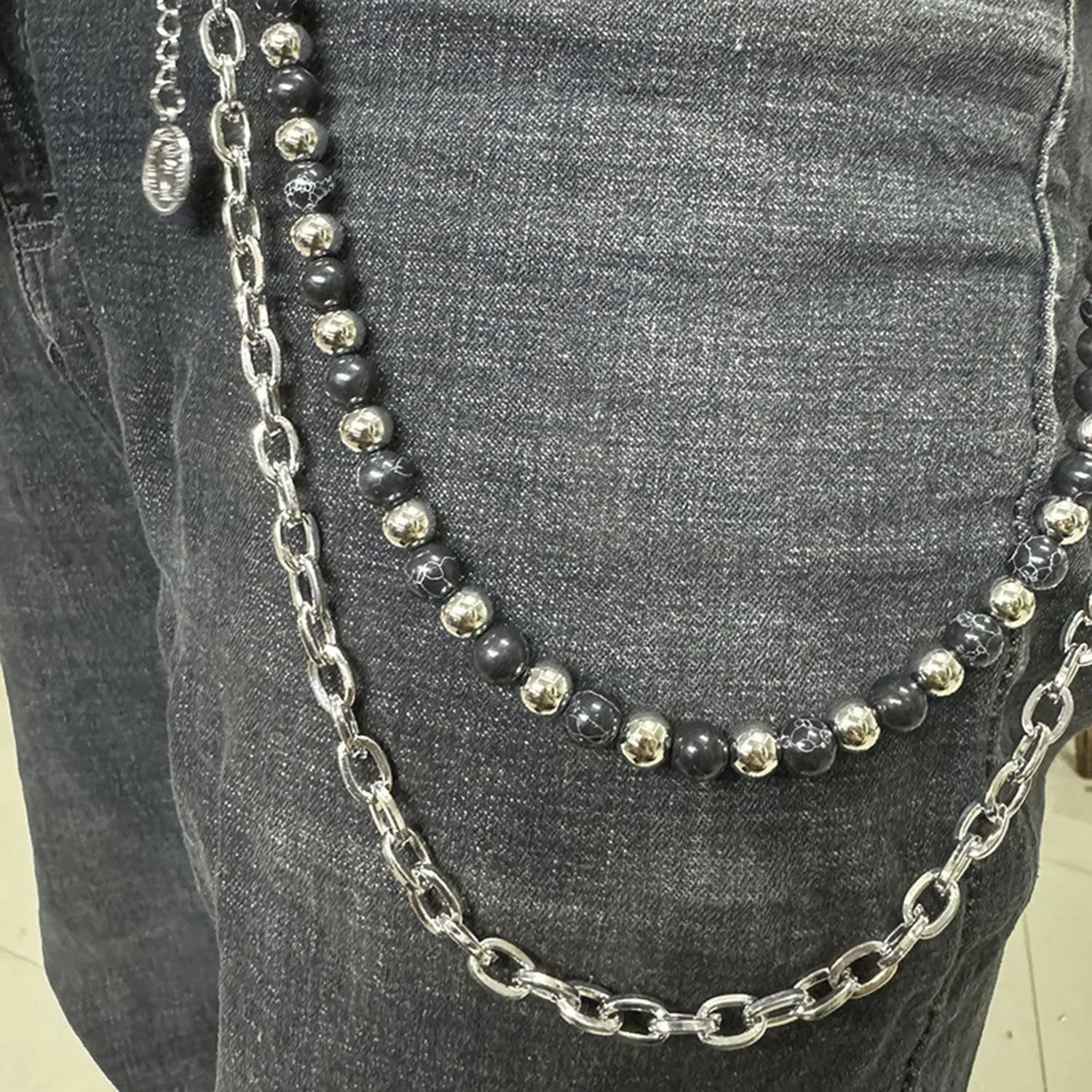 Punk Layered Pants Chain for Women Men Layered Silver Coin Beaded Wallet Chain Goth Hip Hop Jean Pocket Chains Punk Wallet Pocket Accessories for Women and Men