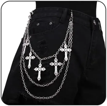 Punk Pants Chain for Men Women Vintage Gold Silver Black Cross Charm Layered Pants Chain Gothic Punk Hip-Hop Rock Jeans Hip Chain Biker Style Halloween Accessory