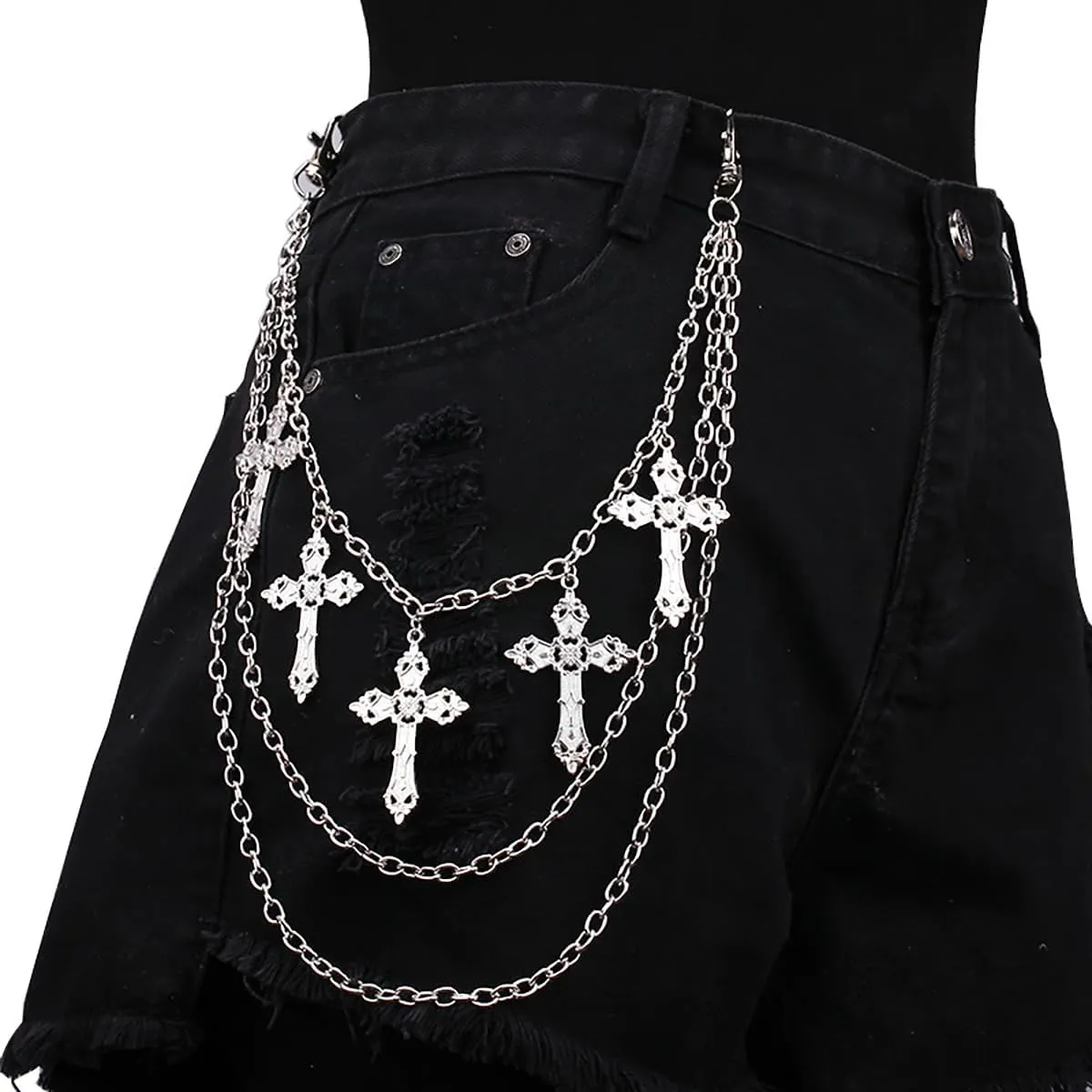 Punk Pants Chain for Men Women Vintage Gold Silver Black Cross Charm Layered Pants Chain Gothic Punk Hip-Hop Rock Jeans Hip Chain Biker Style Halloween Accessory