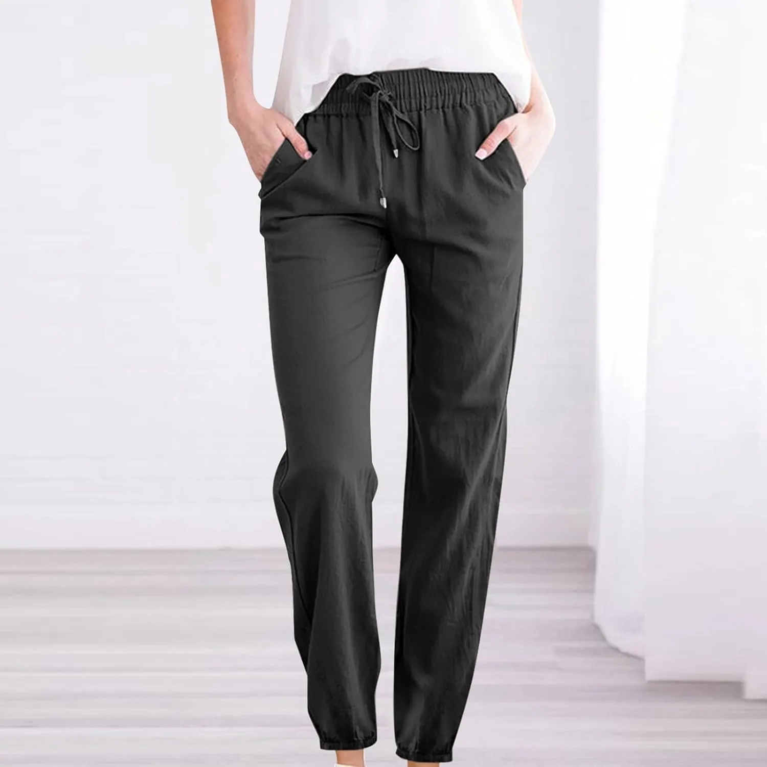Qeaghou Linen Pants Women Summer Straight Leg Casual Pants Drawstring Elastic High Waist Loose Comfy Trousers with Pockets