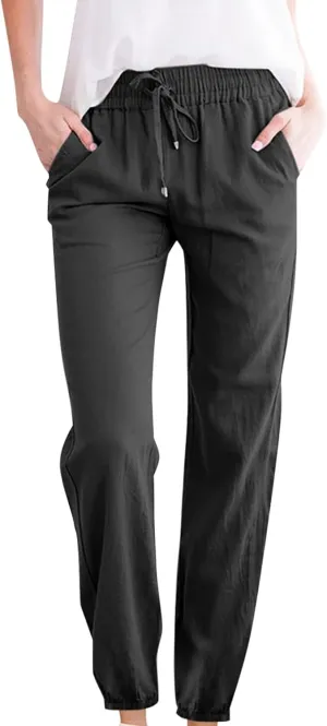 Qeaghou Linen Pants Women Summer Straight Leg Casual Pants Drawstring Elastic High Waist Loose Comfy Trousers with Pockets