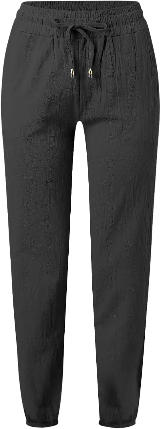 Qeaghou Linen Pants Women Summer Straight Leg Casual Pants Drawstring Elastic High Waist Loose Comfy Trousers with Pockets