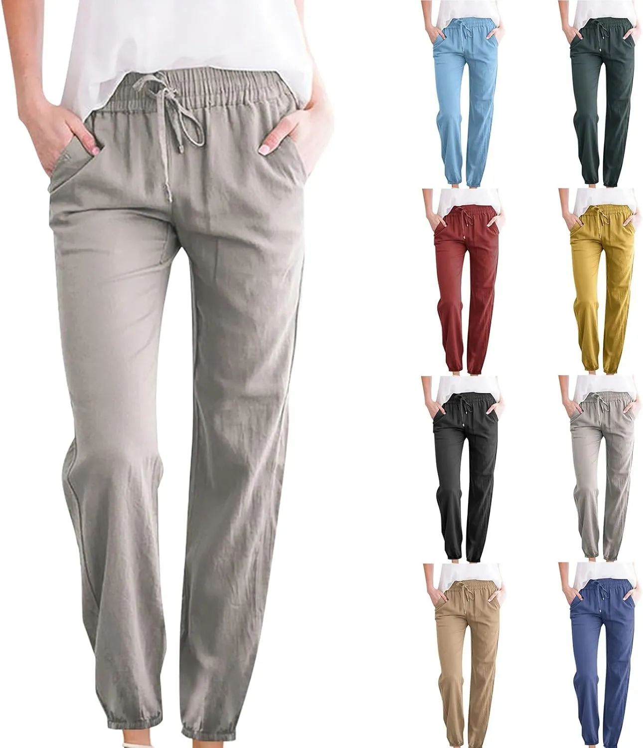 Qeaghou Linen Pants Women Summer Straight Leg Casual Pants Drawstring Elastic High Waist Loose Comfy Trousers with Pockets