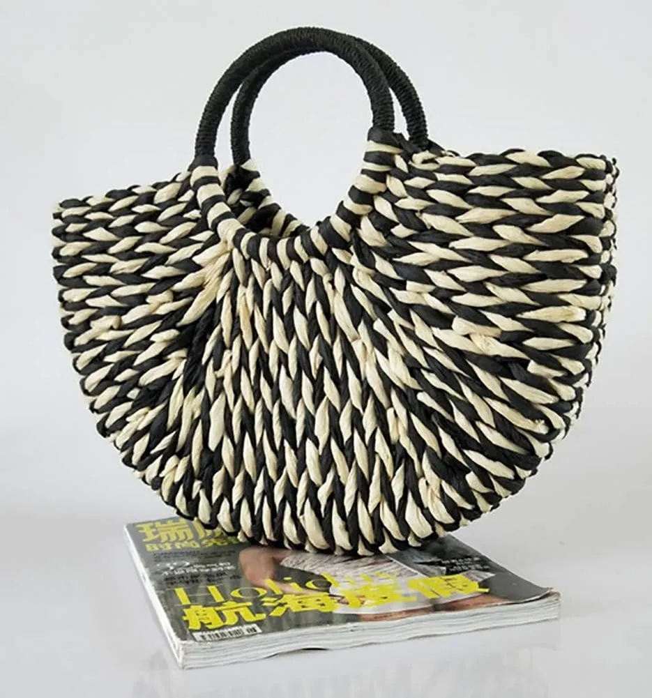QZUnique Hand-woven Straw Bag Women Summer Beach Handbag Purse Retro Rattan Tote Clutch Travel Bag with Wood Round Top Handle