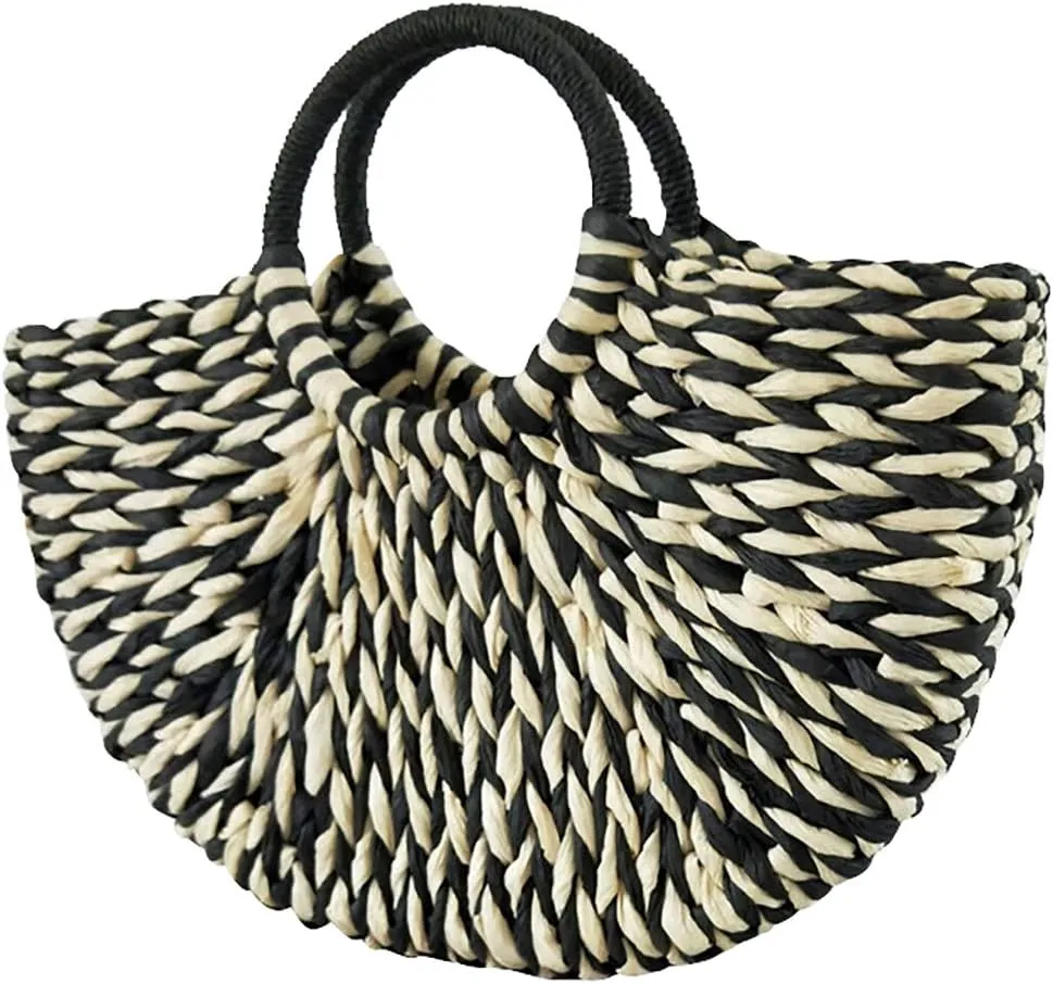 QZUnique Hand-woven Straw Bag Women Summer Beach Handbag Purse Retro Rattan Tote Clutch Travel Bag with Wood Round Top Handle