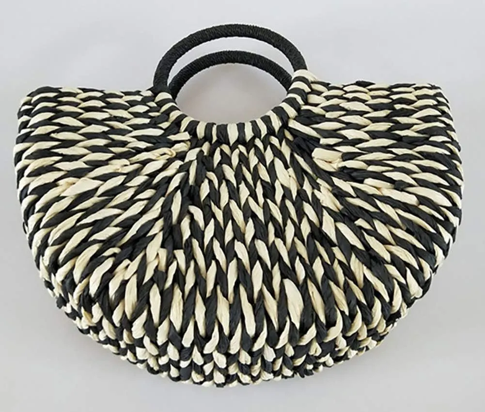 QZUnique Hand-woven Straw Bag Women Summer Beach Handbag Purse Retro Rattan Tote Clutch Travel Bag with Wood Round Top Handle