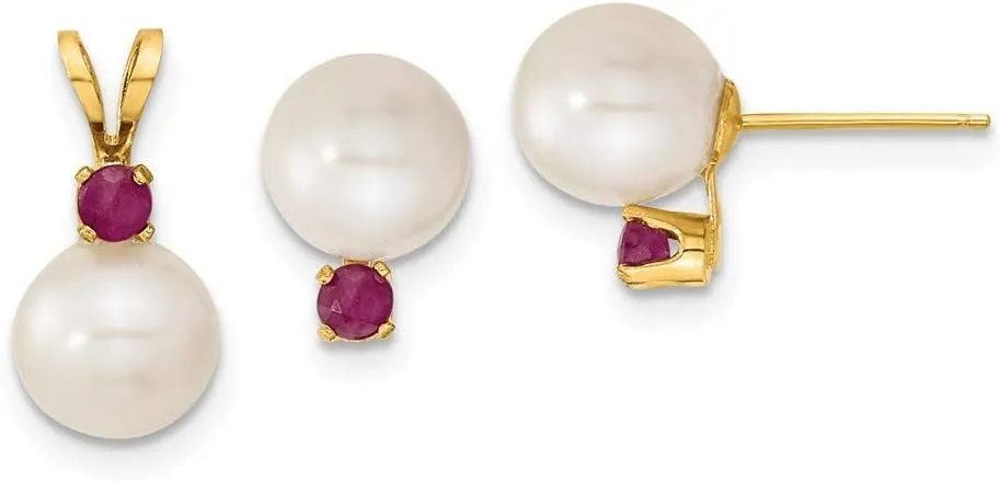Real 14k Yellow Gold 7-8mm White Freshwater Cultured Pearl and Ruby Stud Earrings and Pendant 7mm