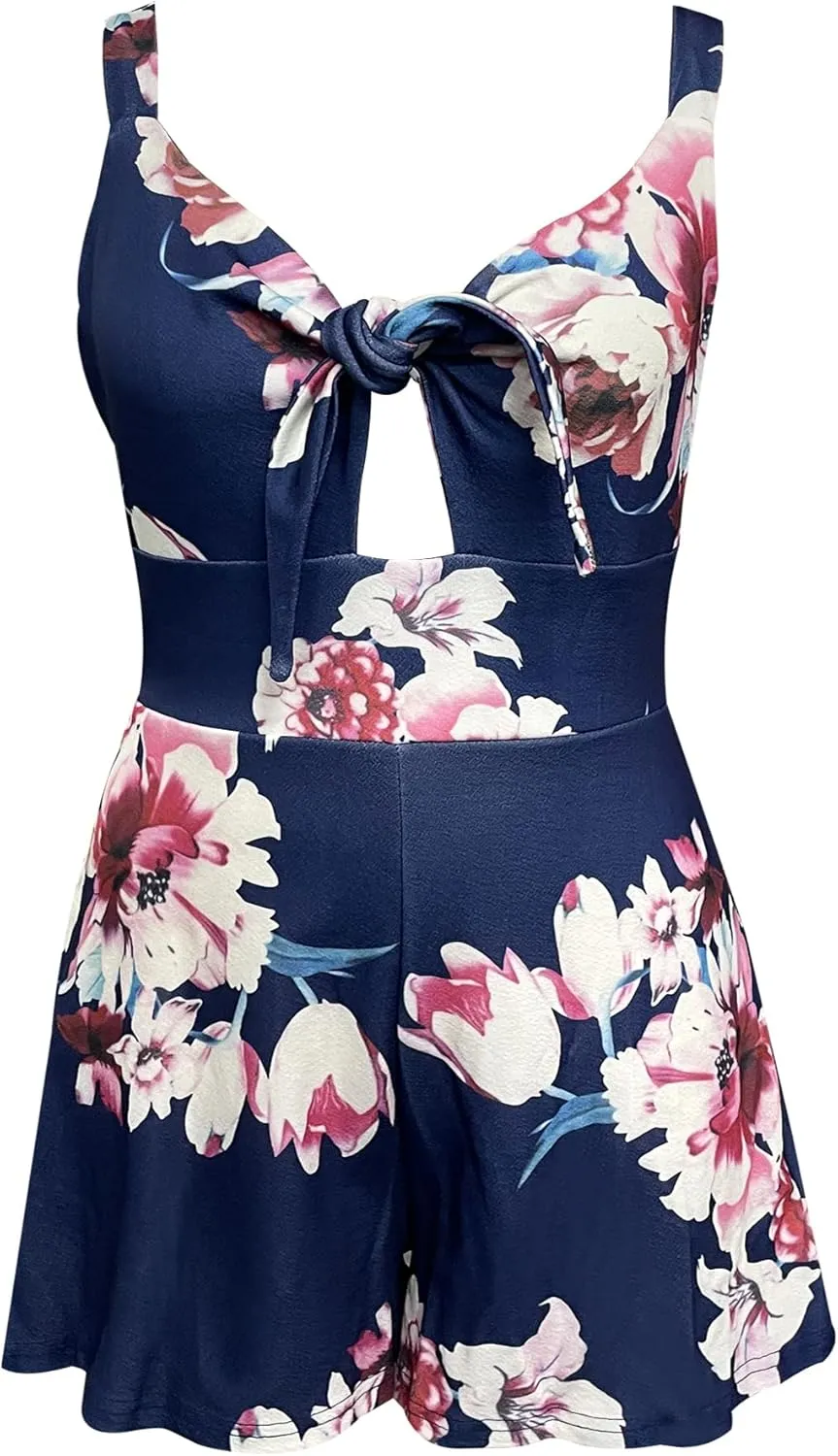 Relipop Women's Jumpsuits Floral Print Spaghetti Straps Sleeveless V Neck Front Tie Knot Rompers 2025 Beach Vacation Outfits