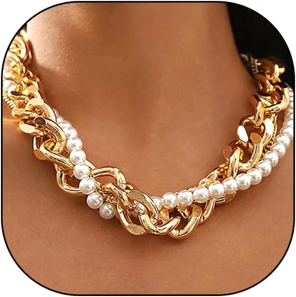 Rrdaily Cuban Chain Choker Necklace for Women,Chunky Punk Statement Beaded Twist Chain Necklace,Trendy Bar Party Holiday Gifts