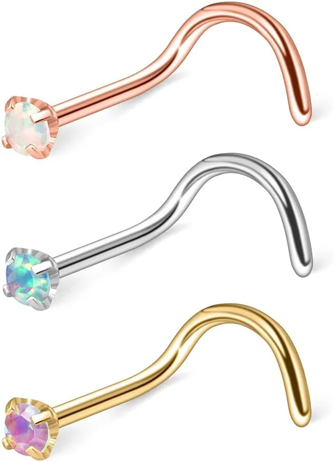Ruifan 20G 316L Surgical Steel 2mm Opal Nose Rings Studs Twist Screw Bend Ring Body Piercing Jewelry 3PCS