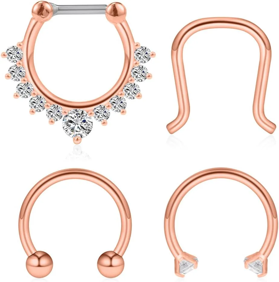 Ruifan 4PCS 16G Surgical Steel Clear CZ Nose Hoop Septum Ear Daith Tragus Clicker Rings Retainer Body Piercing Jewelry