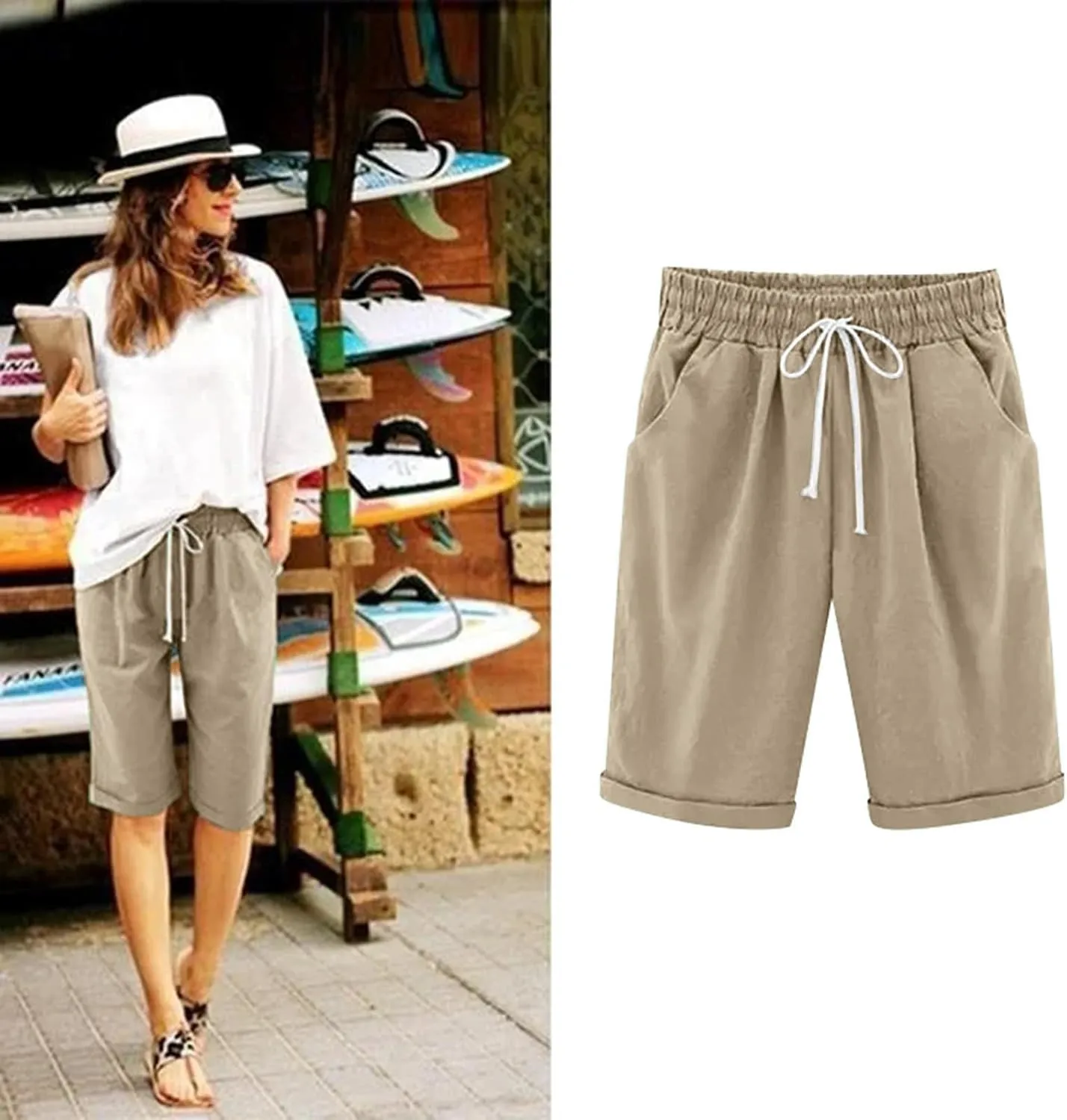 Rvidbe Cotton Linen Shorts for Women Knee Length Women's Loose Fit Bermuda Shorts Elastic Waist Casual Summer Shorts Pants
