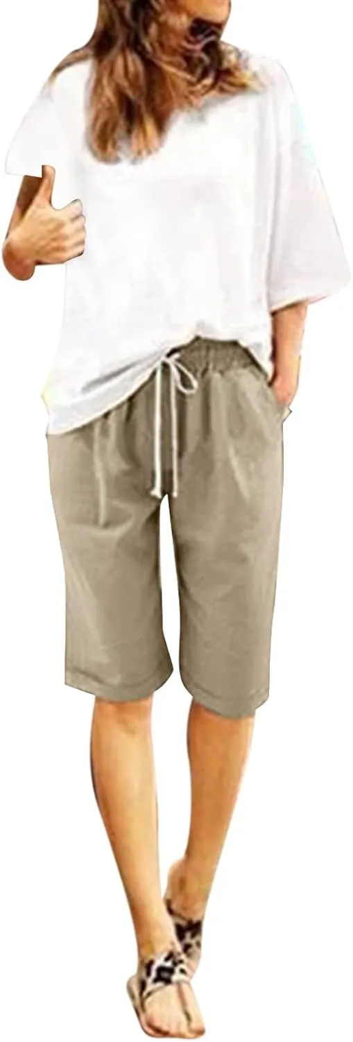 Rvidbe Cotton Linen Shorts for Women Knee Length Women's Loose Fit Bermuda Shorts Elastic Waist Casual Summer Shorts Pants