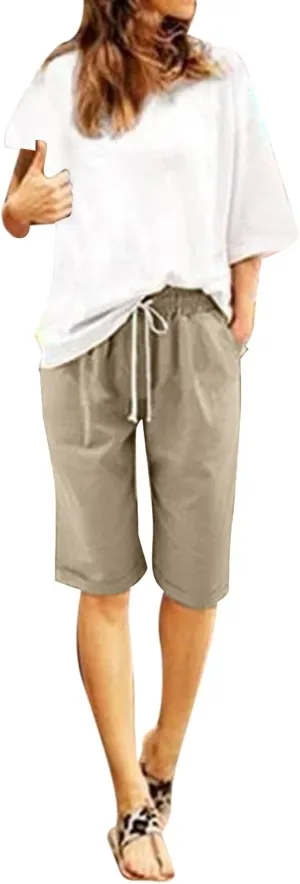 Rvidbe Cotton Linen Shorts for Women Knee Length Women's Loose Fit Bermuda Shorts Elastic Waist Casual Summer Shorts Pants