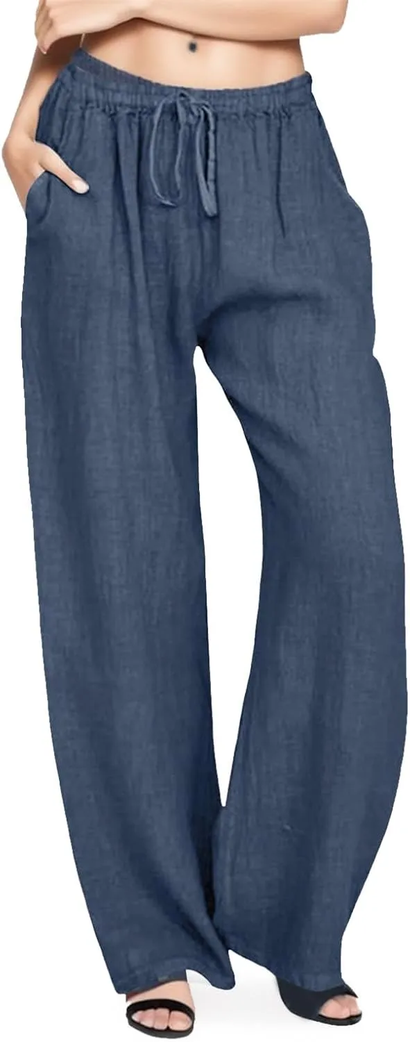 Rvidbe Linen Pants Women Summer Wide Leg Casual Loose Drawstring Pants Lounge High Waist Palazzo Pants Trousers with Pockets