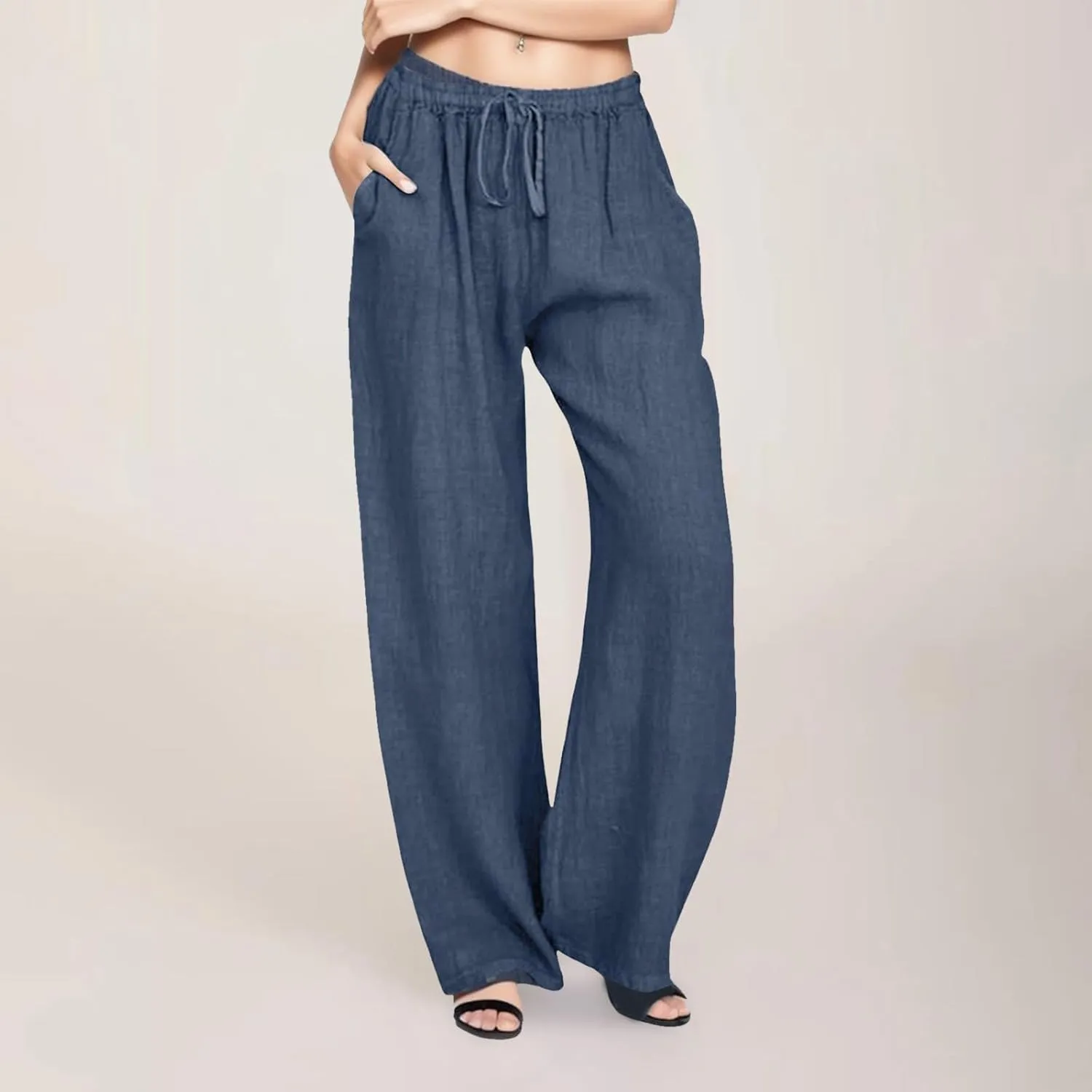 Rvidbe Linen Pants Women Summer Wide Leg Casual Loose Drawstring Pants Lounge High Waist Palazzo Pants Trousers with Pockets