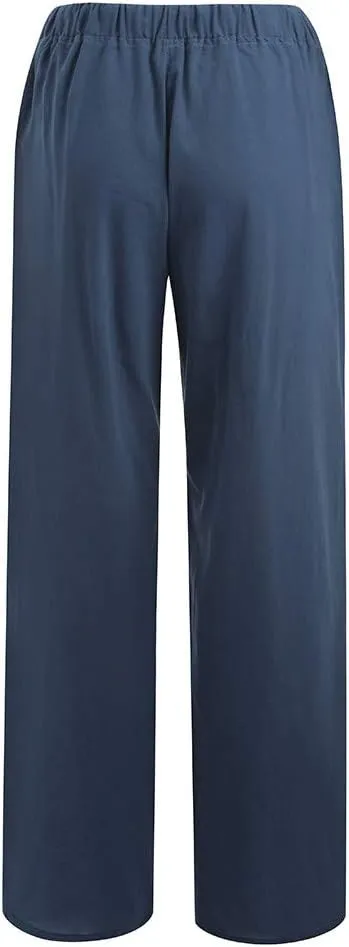 Rvidbe Linen Pants Women Summer Wide Leg Casual Loose Drawstring Pants Lounge High Waist Palazzo Pants Trousers with Pockets