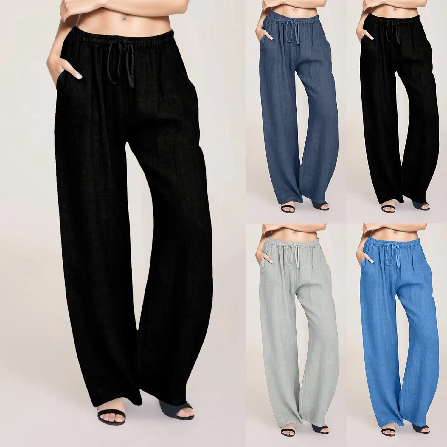 Rvidbe Linen Pants Women Summer Wide Leg Casual Loose Drawstring Pants Lounge High Waist Palazzo Pants Trousers with Pockets