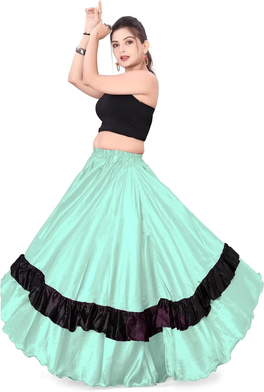 Satin Full Circle with Frill Belly Dancing Skirt Long Maxi Satin Belly Dance Full Circle Skirt (One Size) S33