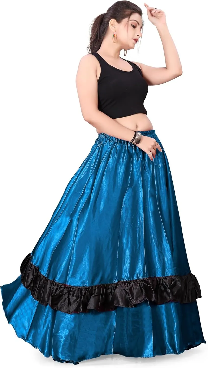 Satin Full Circle with Frill Belly Dancing Skirt Long Maxi Satin Belly Dance Full Circle Skirt (One Size) S33